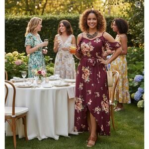 NWOT Boho Maroon Floral Spaghetti Strap Belted Cold‎ Shoulder Maxi Dress 2XL